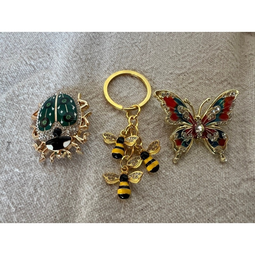 Insect Brooch Keychain Lot Gold Rhinestone Bee Butterfly Ladybug Beetle Insects